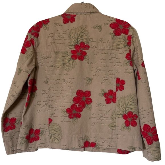 Hearts of Palm Collared Jacket Beige Red Floral Print 100% Cotton Women's Size 8 - Picture 2 of 16
